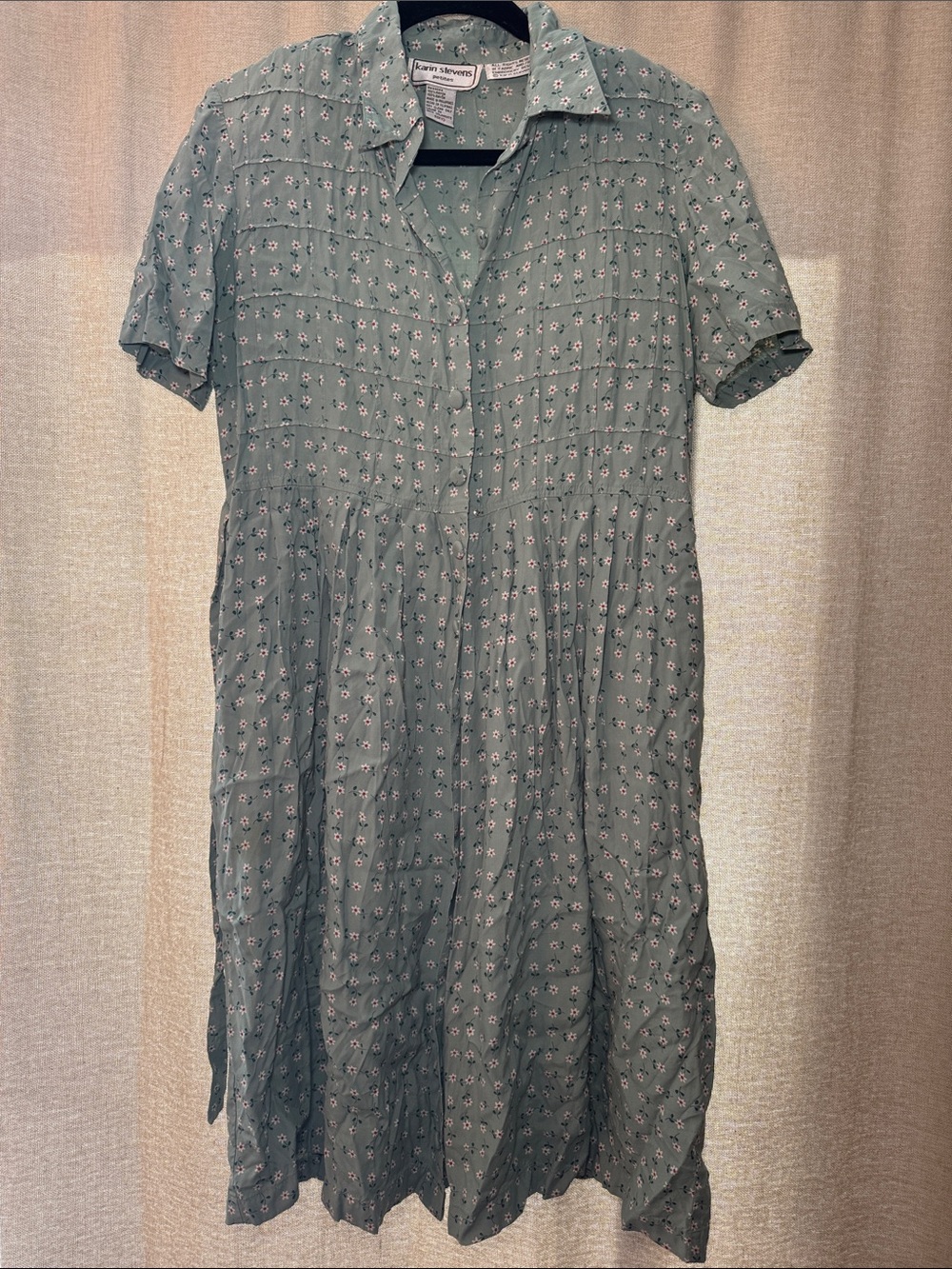 Cottagecore Karin Stevens Sage Green Floral Shirt Dress Size 10 Tie Button Front